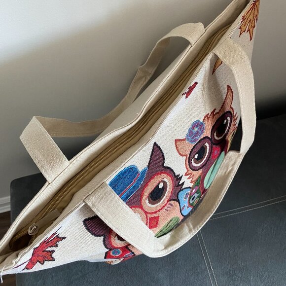 BNWOT CUTE TWO OWLS CANVAS TOTE WITH ZIPPER CLOSURE SUMMER PICNIC BEACH BAG - Picture 3 of 4